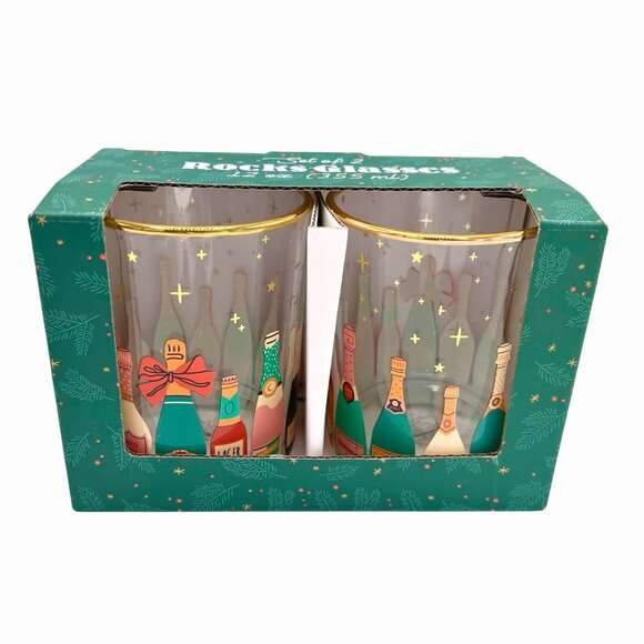 NWT NORDSTROM TMD SET OF 2 GOLD RIM CHAMPAGNE BOTTLE DESIGN ROCKS GLASSES - Picture 4 of 7